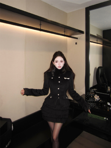 Actual Photos! Light Luxury Set Korean Style Elegant Lady Coat Little Black Dress Two-Piece Set
