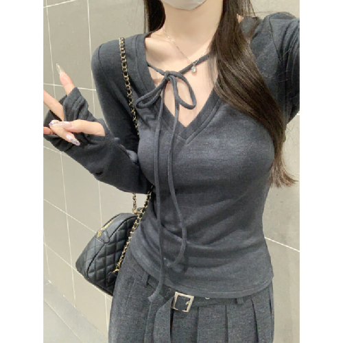 Photographed Autumn/Winter Korean Version Pure Desire Strappy V-Neck Elegant Tailored Cashmere Knit Long-Sleeve T-Shirt Base Top