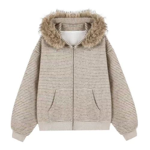American Retro Striped Hooded Sweatshirt Outerwear for Women Autumn/Winter Loose Plush Collar Jacket Zipper Top Ins
