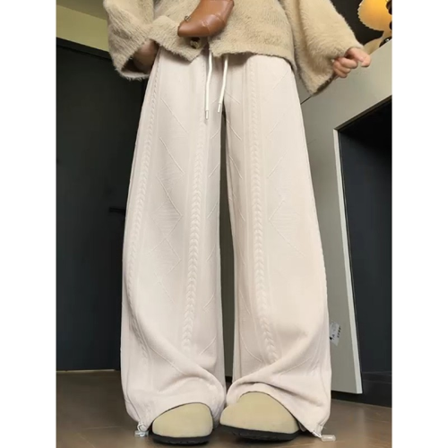 Khaki Fleece-Quilted Chenille Knit Wide-Leg Pants for Women | 2025 Autumn/Winter New Arrival High-Waisted, Drapey Casual Trousers Perfect for Petite Frames
