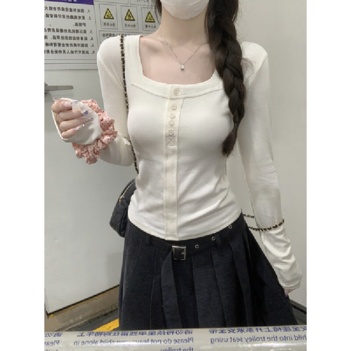 Real-shot Autumn/Winter Korean-style Alluring Slim-Fit Square-Neck Fishbone Pattern Cashmere Base T-Shirt Top