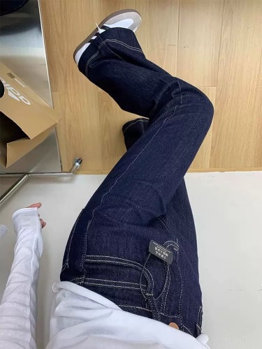 2025 New Autumn/Winter High-Waist Petite Flared Pants with Fleece and Thickening Denim Deep Blue Wide-Leg Women's Jeans