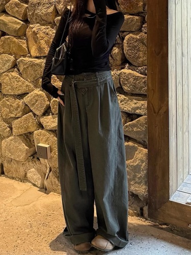 Women's High-Waisted Loose Straight Leg Denim Pants, Retro American Style, Gray, Over-the-Knee, Flattering and Versatile, Floor-Length