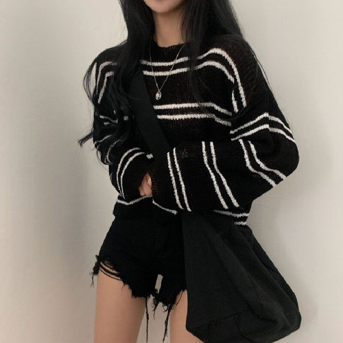 Korean Spring and Autumn Loose Ice Silk Long-Sleeve Knit Top Thin Striped Sun Protection Cover-up Sweatshirt T-Shirt Top for Women