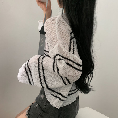 Korean Spring and Autumn Loose Ice Silk Long-Sleeve Knit Top Thin Striped Sun Protection Cover-up Sweatshirt T-Shirt Top for Women