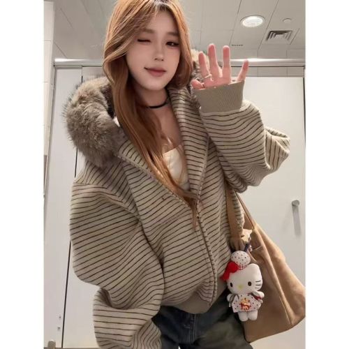 American Retro Striped Hooded Sweatshirt Outerwear for Women Autumn/Winter Loose Plush Collar Jacket Zipper Top Ins