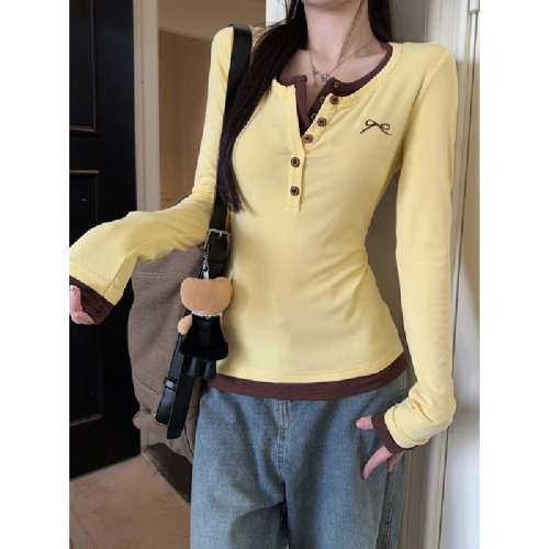 Photographed Autumn/Winter Korean-style temperament color-blocked button half-opening bow embroidery slimming long-sleeved T-shirt