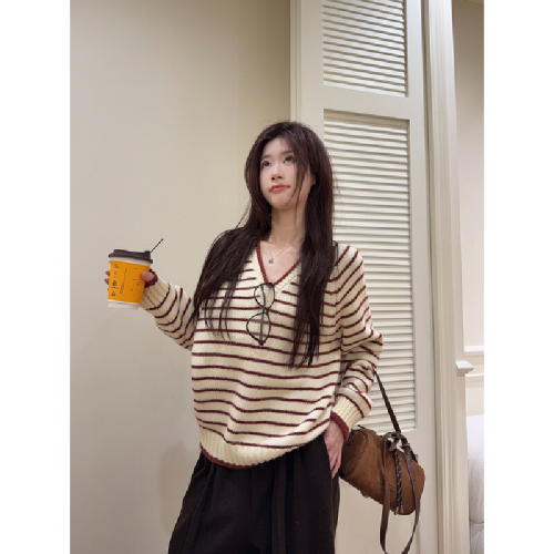 Photographed Autumn/Winter Korean Version Retro Striped Color Block Shoulder V-Neck Loose Hoodless Knit Sweater Women's Top
