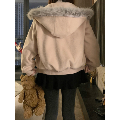 Korean-style butterfly bow cowl fleece cotton padded baseball jacket long plush wool short coat for women 2025 autumn and winter