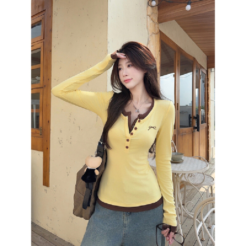 Photographed Autumn/Winter Korean-style temperament color-blocked button half-opening bow embroidery slimming long-sleeved T-shirt