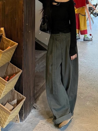 Women's High-Waisted Loose Straight Leg Denim Pants, Retro American Style, Gray, Over-the-Knee, Flattering and Versatile, Floor-Length