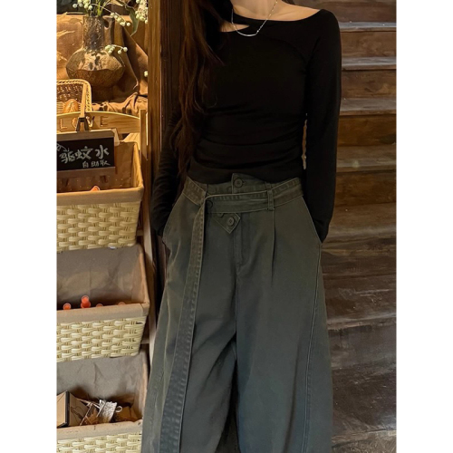 Women's High-Waisted Loose Straight Leg Denim Pants, Retro American Style, Gray, Over-the-Knee, Flattering and Versatile, Floor-Length