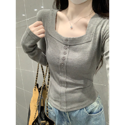 Real-shot Autumn/Winter Korean-style Alluring Slim-Fit Square-Neck Fishbone Pattern Cashmere Base T-Shirt Top