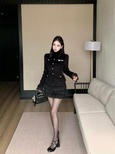 Actual Photos! Light Luxury Set Korean Style Elegant Lady Coat Little Black Dress Two-Piece Set