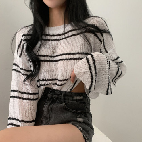 Korean Spring and Autumn Loose Ice Silk Long-Sleeve Knit Top Thin Striped Sun Protection Cover-up Sweatshirt T-Shirt Top for Women