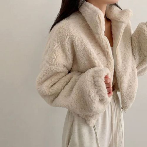 Chic Autumn/Winter New Arrival Elegant Stand Collar Zipper Plush Design Fashion Versatile Short Sleeve Cotton Jacket for Women from South Korea