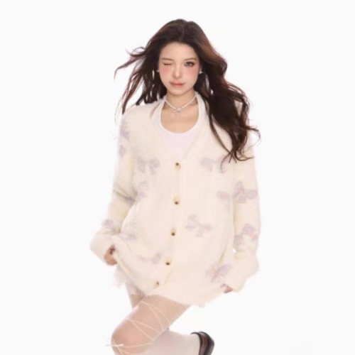 Sweet butterfly knot soft yarn sweater for women, autumn lazy style, warm open jacket from Dongdaemun, South Korea
