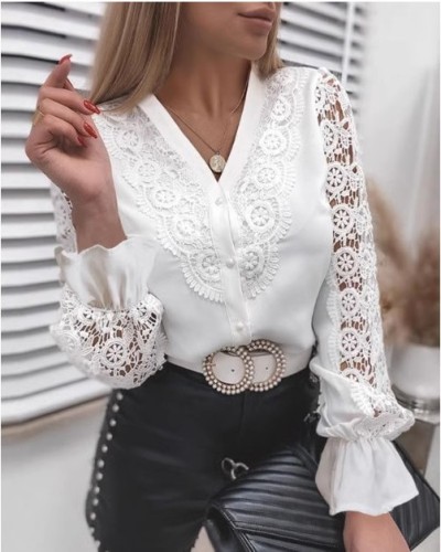 2025 European Market: AliExpress & Wish – New Arrival Women's Solid-Color Lace V-Neck Cardigan Shirts