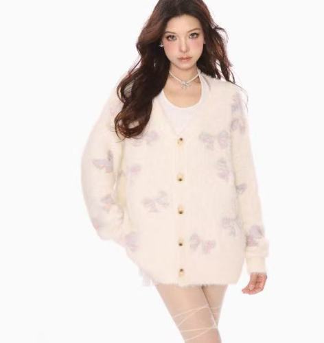 Sweet butterfly knot soft yarn sweater for women, autumn lazy style, warm open jacket from Dongdaemun, South Korea