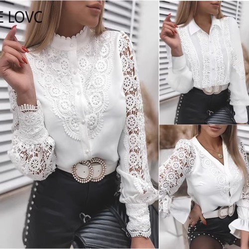 2025 European Market: AliExpress & Wish – New Arrival Women's Solid-Color Lace V-Neck Cardigan Shirts