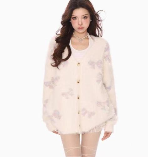 Sweet butterfly knot soft yarn sweater for women, autumn lazy style, warm open jacket from Dongdaemun, South Korea
