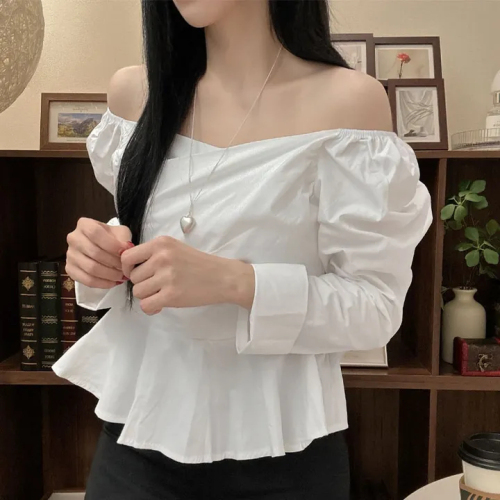 Stylish Cross-Shoulder Sheer Shirt with V-Neck, High Waist, and Edge Hem - Simple Color Long Sleeve Blouse