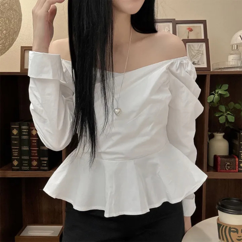 Stylish Cross-Shoulder Sheer Shirt with V-Neck, High Waist, and Edge Hem - Simple Color Long Sleeve Blouse