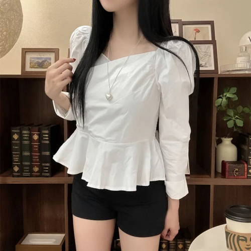 Stylish Cross-Shoulder Sheer Shirt with V-Neck, High Waist, and Edge Hem - Simple Color Long Sleeve Blouse