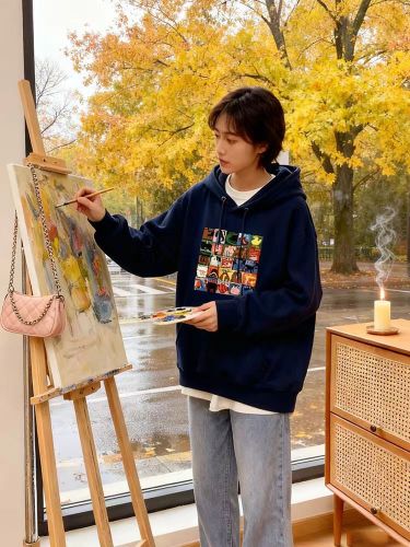 High-quality cotton blended CVC ribbed hooded print sweatshirt for women and couples, regular, lined