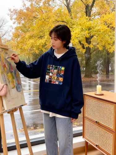 High-quality cotton blended CVC ribbed hooded print sweatshirt for women and couples, regular, lined