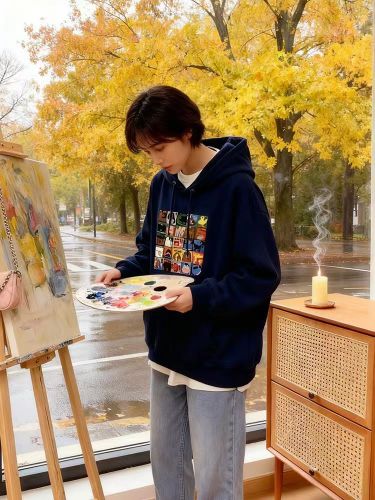 High-quality cotton blended CVC ribbed hooded print sweatshirt for women and couples, regular, lined