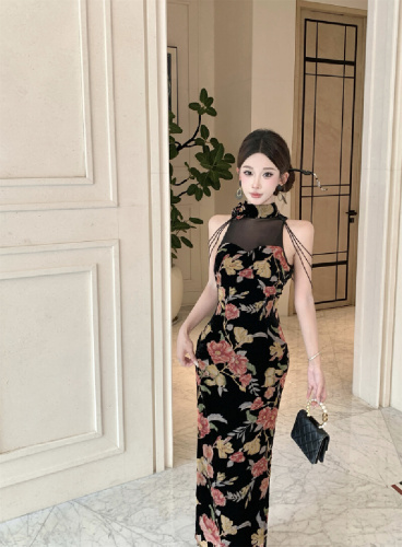 Real price!  Three-dimensional mesh splicing heavy tassel flower cheongsam waist slimming sexy dress