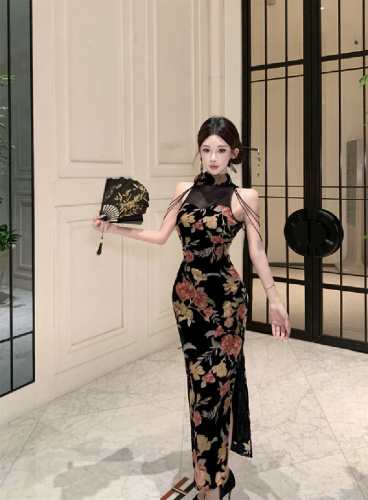 Real price!  Three-dimensional mesh splicing heavy tassel flower cheongsam waist slimming sexy dress
