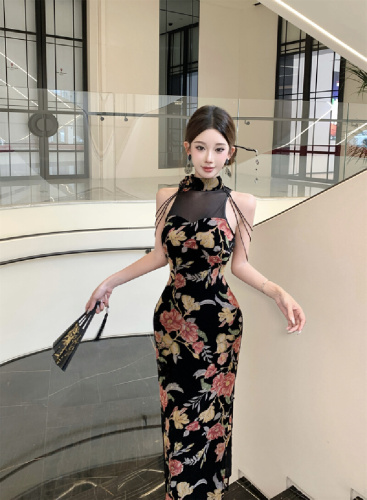 Real price!  Three-dimensional mesh splicing heavy tassel flower cheongsam waist slimming sexy dress