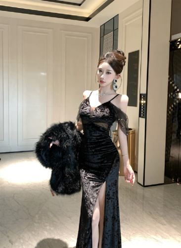 Real-shot off-shoulder mesh-mesh spliced velvet beaded strap dress with slit, long-length evening gown