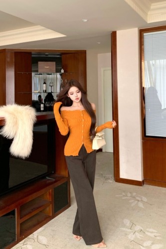 Photographed Sexy Off-the-Shoulder Knit Long-Sleeve Cardigan Top + High-Waist Drawstring Bell Bottom Pants Set