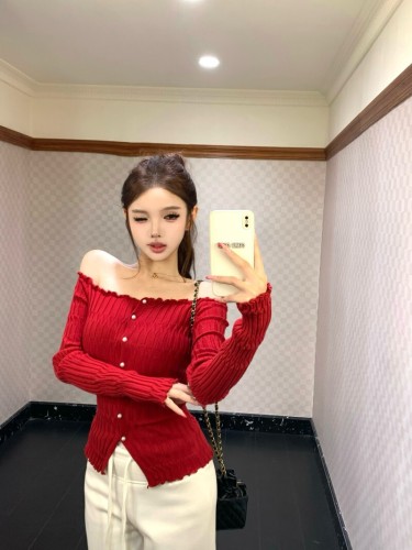 Photographed Sexy Off-the-Shoulder Knit Long-Sleeve Cardigan Top + High-Waist Drawstring Bell Bottom Pants Set