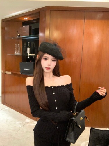 Photographed Sexy Off-the-Shoulder Knit Long-Sleeve Cardigan Top + High-Waist Drawstring Bell Bottom Pants Set