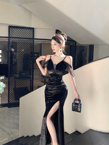 Real-shot off-shoulder mesh-mesh spliced velvet beaded strap dress with slit, long-length evening gown