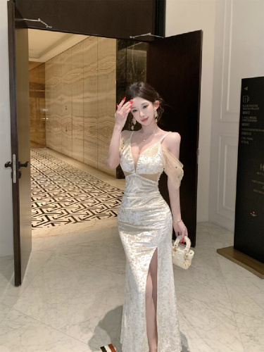 Real-shot off-shoulder mesh-mesh spliced velvet beaded strap dress with slit, long-length evening gown