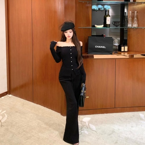 Photographed Sexy Off-the-Shoulder Knit Long-Sleeve Cardigan Top + High-Waist Drawstring Bell Bottom Pants Set
