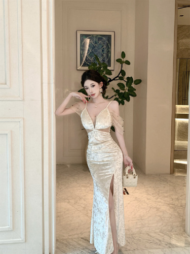 Real-shot off-shoulder mesh-mesh spliced velvet beaded strap dress with slit, long-length evening gown