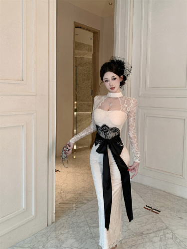 Women's Sexy Purple Lace Hanging Neck Long Sleeve Dress with Waist Cinching Belt and Bustier Long Dress