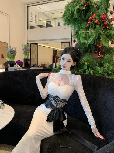 Women's Sexy Purple Lace Hanging Neck Long Sleeve Dress with Waist Cinching Belt and Bustier Long Dress