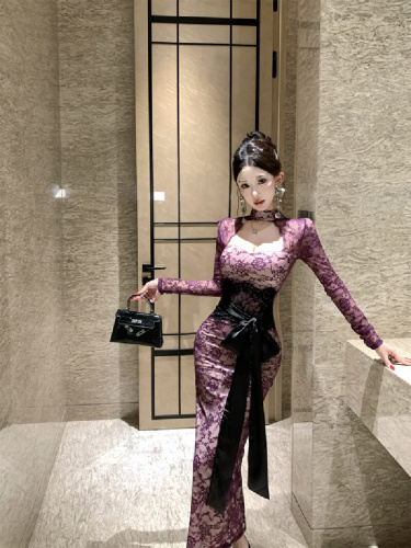 Women's Sexy Purple Lace Hanging Neck Long Sleeve Dress with Waist Cinching Belt and Bustier Long Dress
