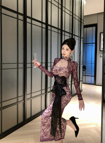 Women's Sexy Purple Lace Hanging Neck Long Sleeve Dress with Waist Cinching Belt and Bustier Long Dress