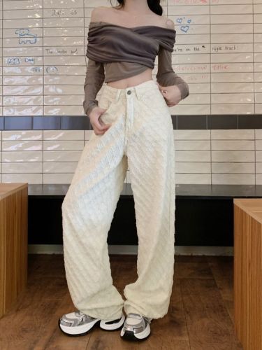 Chic design sense, small fragrance style, patterned floral, cream-colored straight-leg jeans for women, winter high-waisted, slimming long pants
