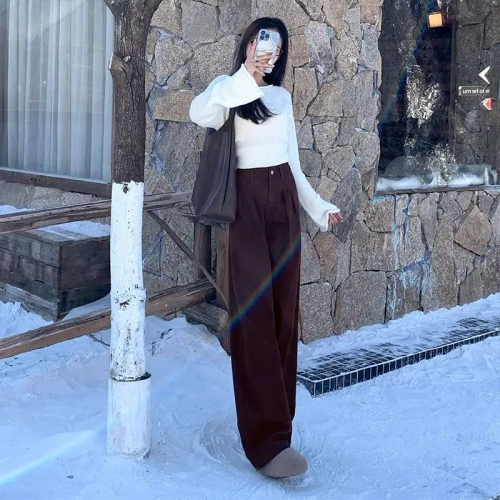 American Style Folded Khaki Wide Leg Denim Pants for Women 2025 Winter New High-Waisted Slimming Loose Straight Leg Ground-Long Pants