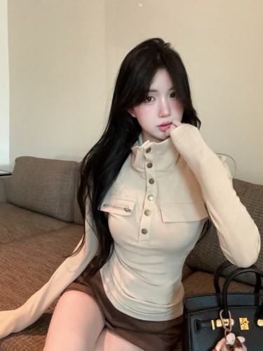 Photographed!! Stand collar false pocket base shirt winter design unique slim fit long sleeve top