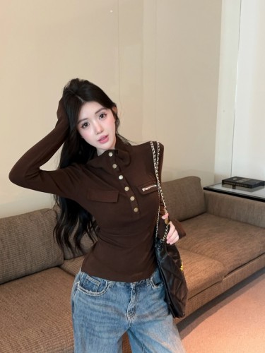 Photographed!! Stand collar false pocket base shirt winter design unique slim fit long sleeve top